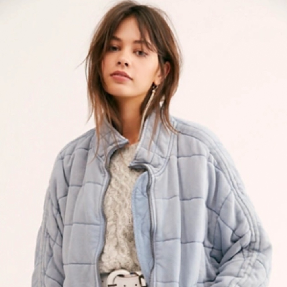 Free People Pale Blue Quilted Bomber Jacket